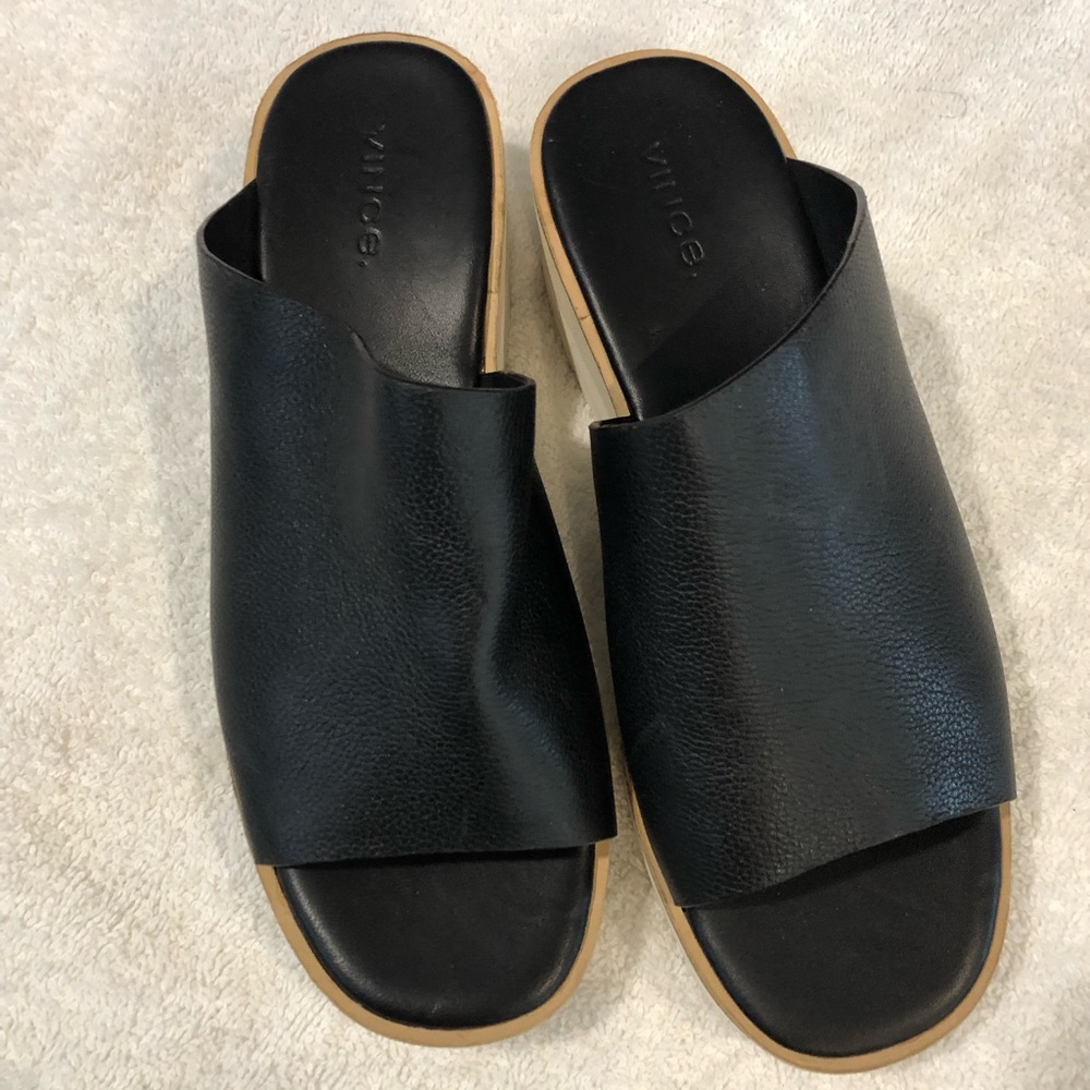 VINCE “Sarria” Wedge Slide Black Leather Sandal